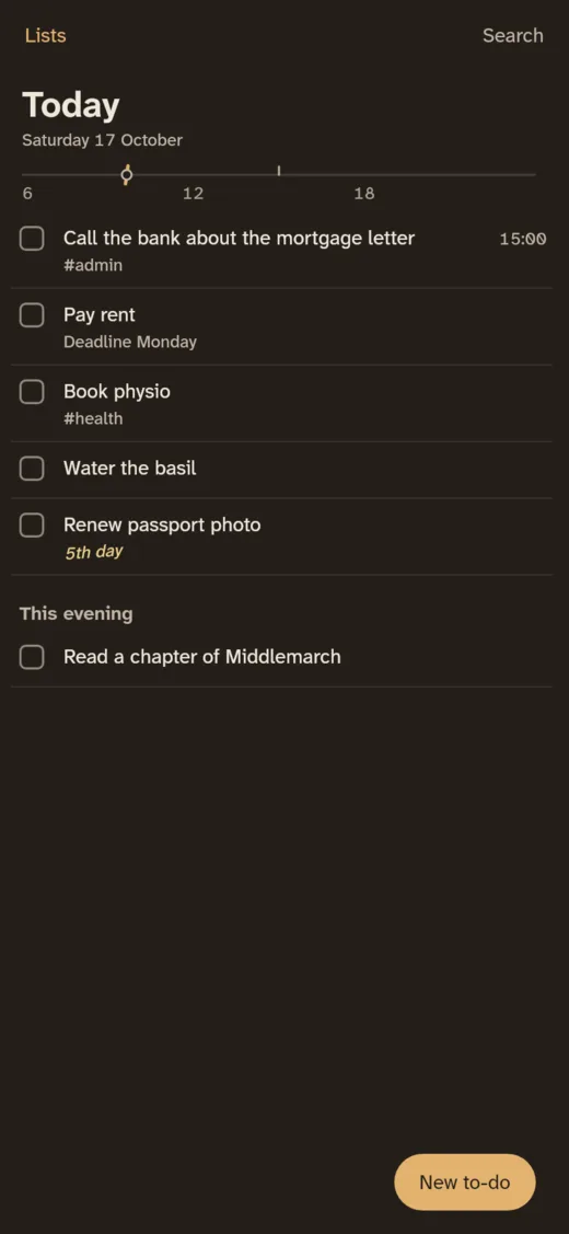 Always Today on an Android phone in dark mode: Today, with the day's line and six to-dos.