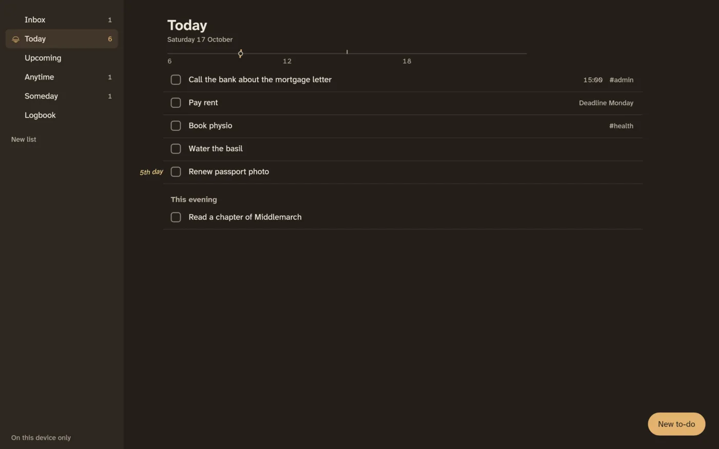 Always Today on a Mac in dark mode: the lists on the left, Today on the right.